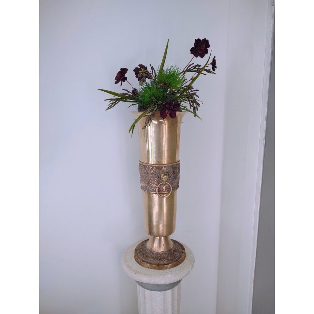Vintage 22" Brass Copper Ornate Cranes Umbrella Stand Vase Lion Head Handles MCM
